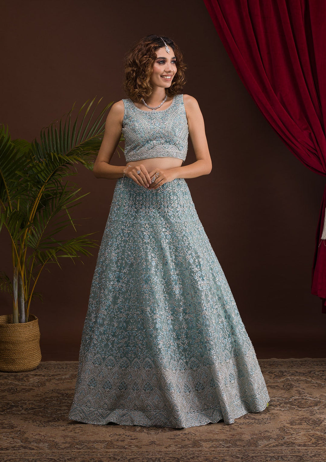 Sky Blue Threadwork Net Readymade Lehenga-Koskii