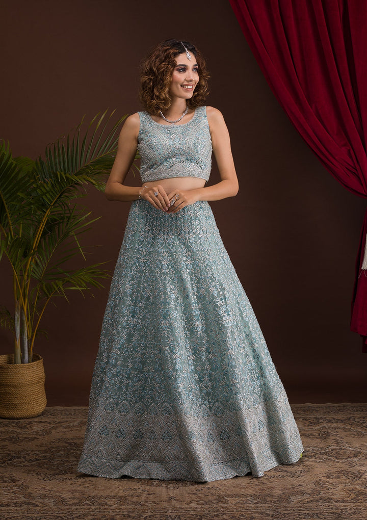 Sky Blue Threadwork Net Readymade Lehenga-Koskii