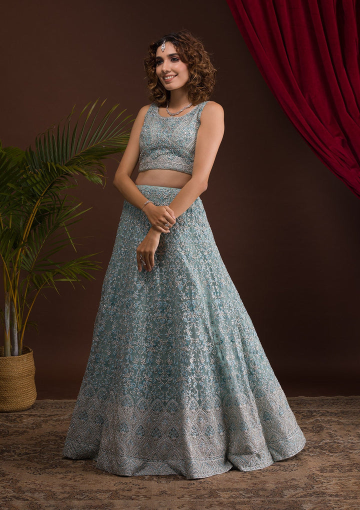 Sky Blue Threadwork Net Readymade Lehenga-Koskii
