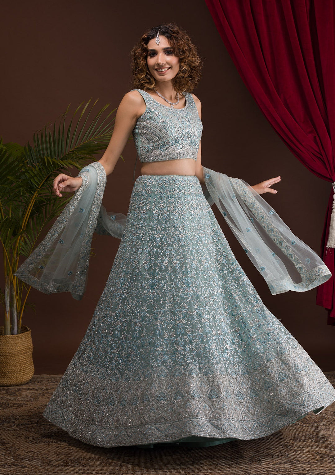 Sky Blue Threadwork Net Readymade Lehenga-Koskii