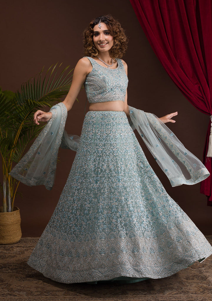 Sky Blue Threadwork Net Readymade Lehenga-Koskii