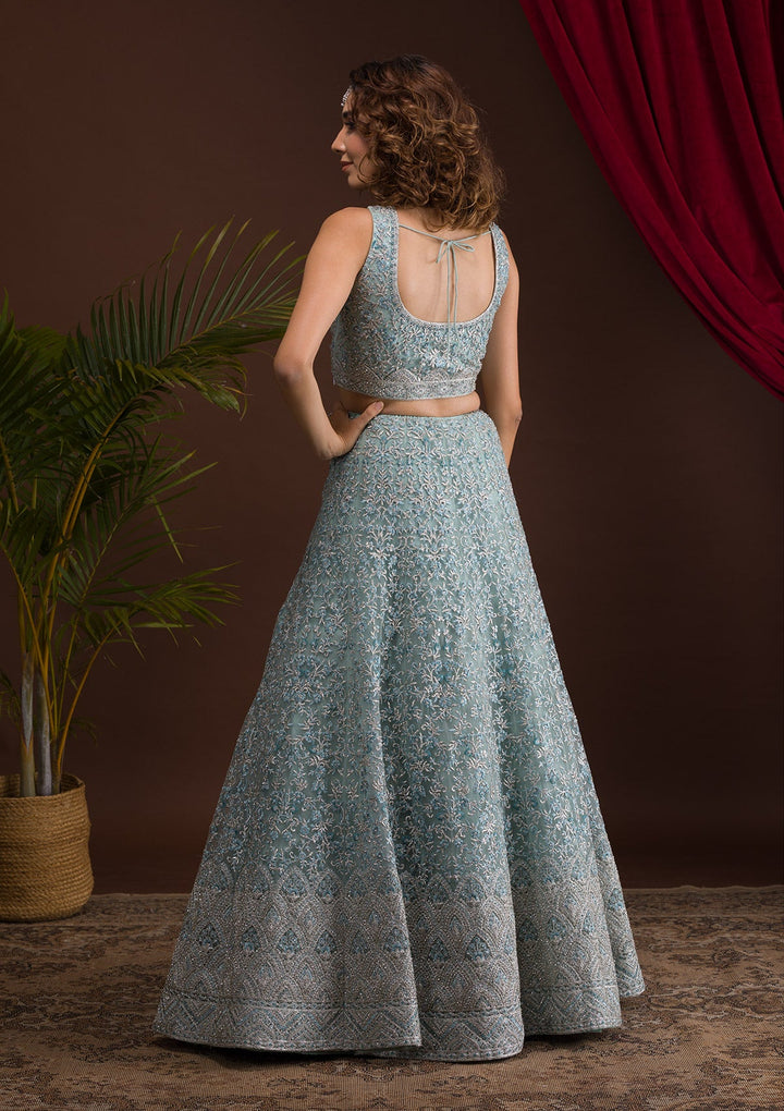 Sky Blue Threadwork Net Readymade Lehenga-Koskii