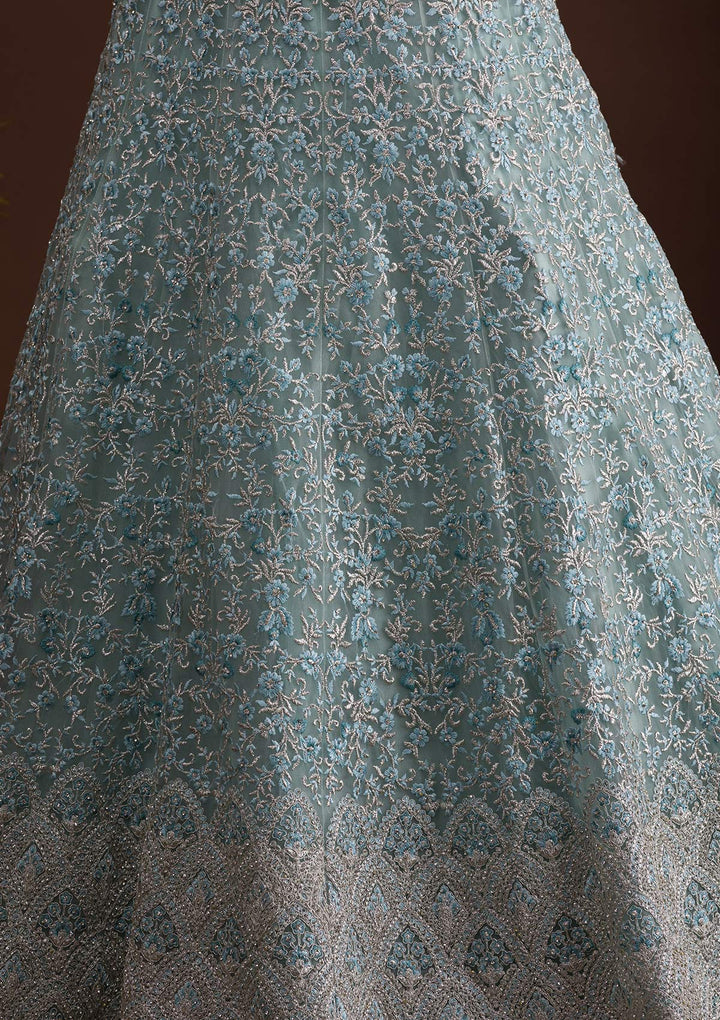 Sky Blue Threadwork Net Readymade Lehenga-Koskii