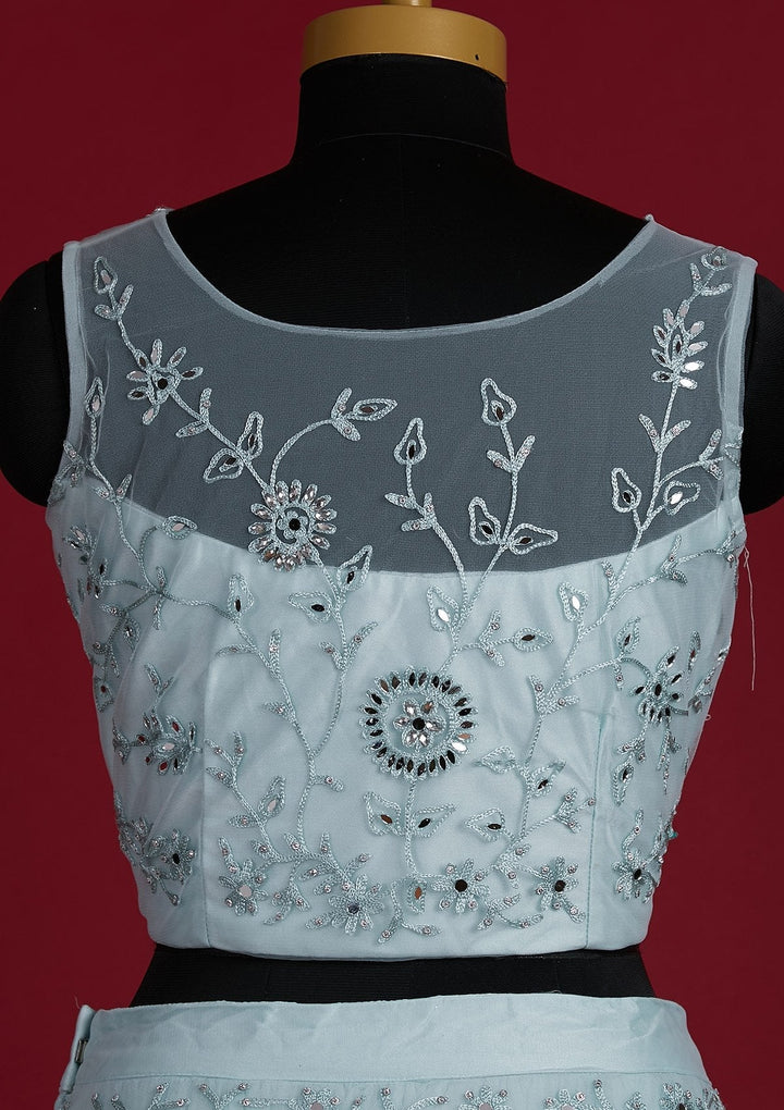 Sky Blue Threadwork Net Designer Lehenga - Koskii