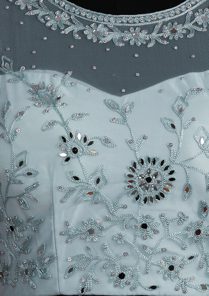 Sky Blue Threadwork Net Designer Lehenga - Koskii