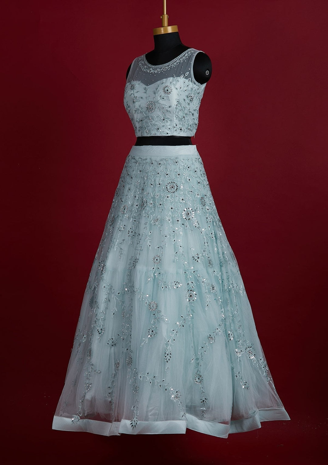 Sky Blue Threadwork Net Designer Lehenga - Koskii