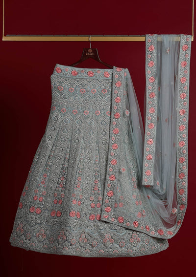 Sky Blue Threadwork Net Designer Semi-Stitched Lehenga - koskii