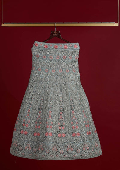 Sky Blue Threadwork Net Designer Semi-Stitched Lehenga - koskii