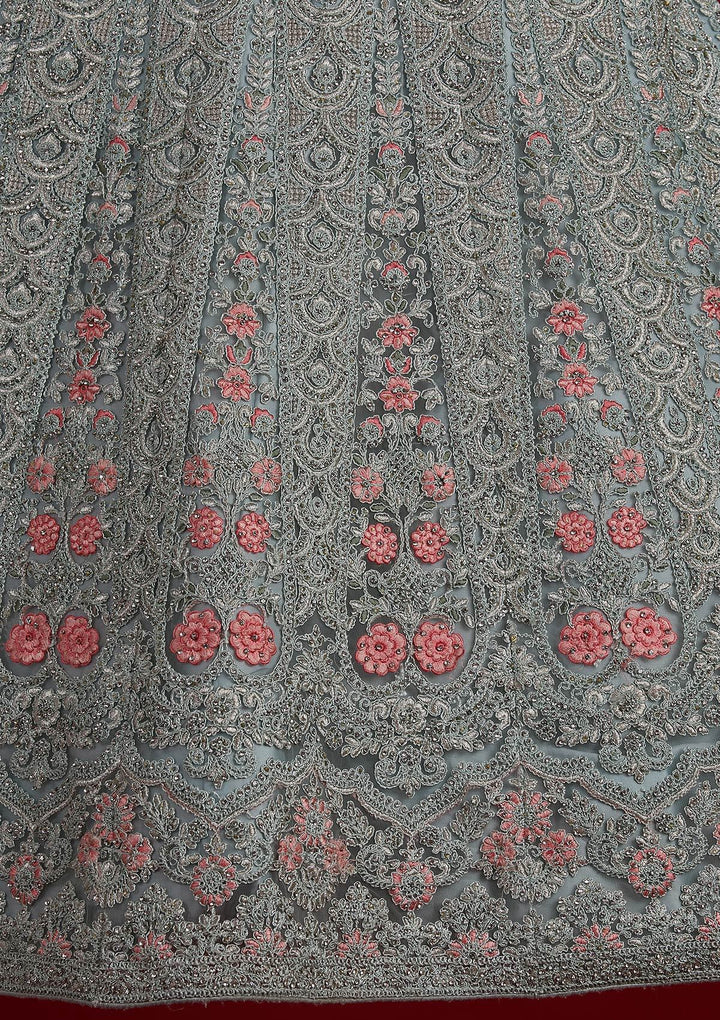 Sky Blue Threadwork Net Designer Semi-Stitched Lehenga - koskii