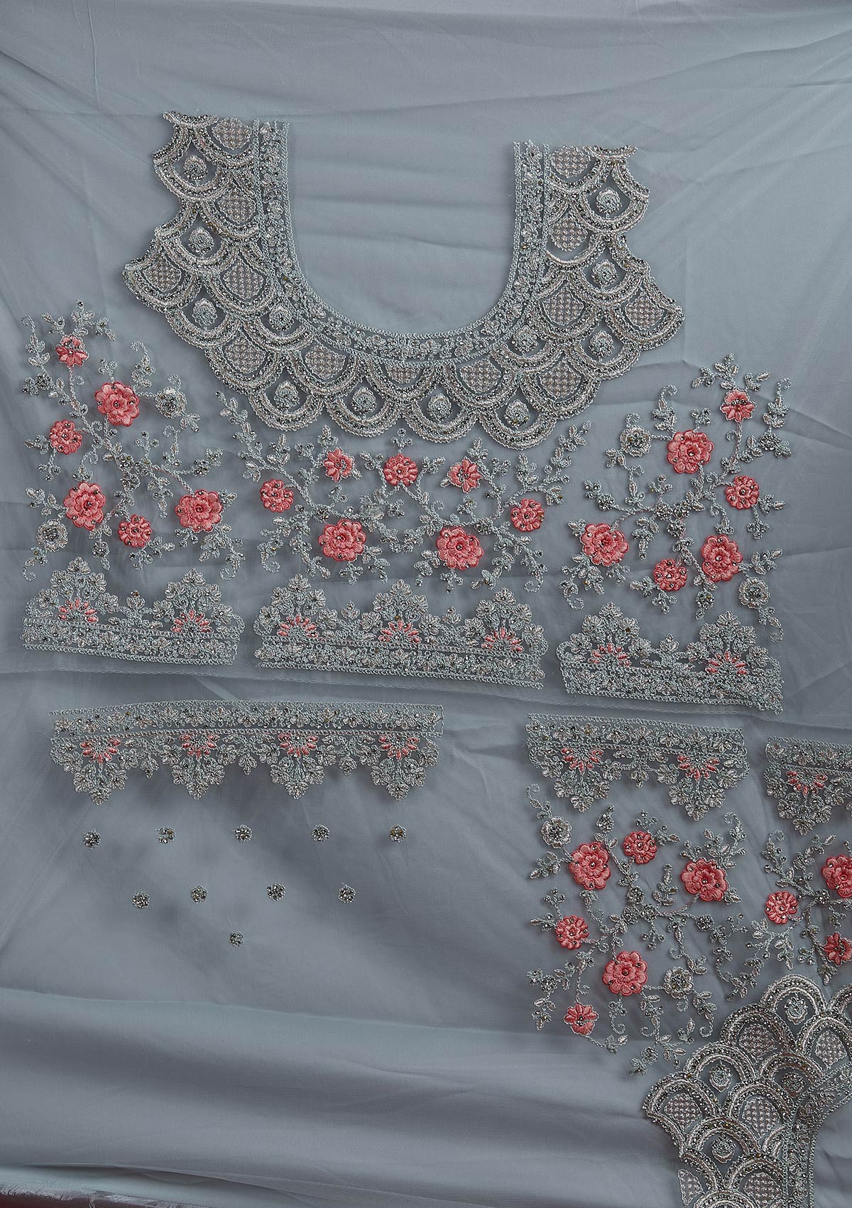Sky Blue Threadwork Net Designer Semi-Stitched Lehenga - koskii