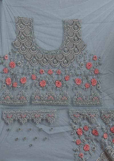 Sky Blue Threadwork Net Designer Semi-Stitched Lehenga - koskii