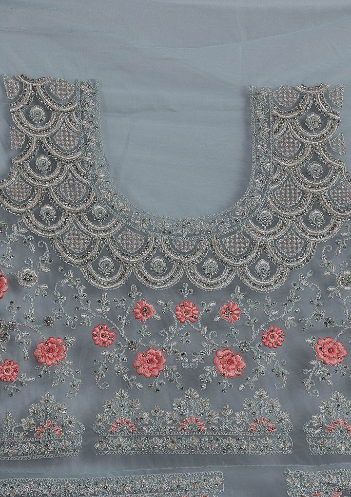 Sky Blue Threadwork Net Designer Semi-Stitched Lehenga - koskii