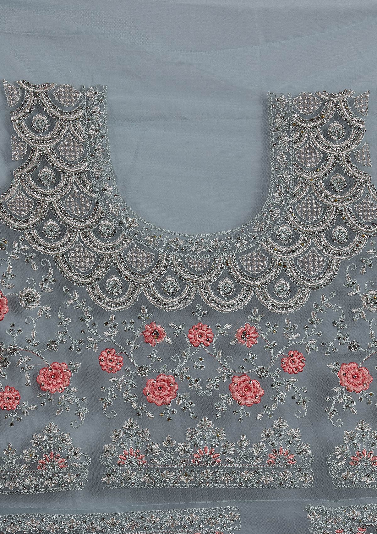 Sky Blue Threadwork Net Designer Semi-Stitched Lehenga - koskii