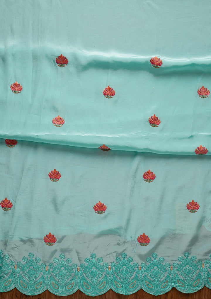 Sky Blue Threadwork Semi Crepe Designer Unstitched Salwar Suit - koskii