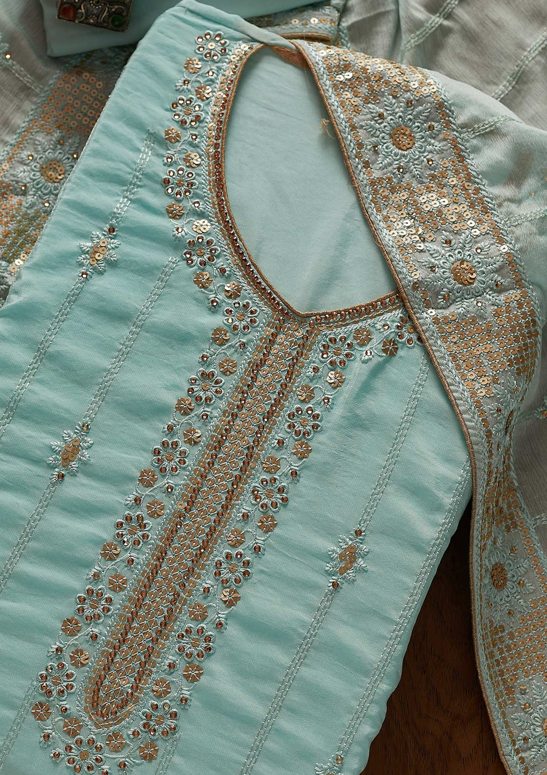 Sky Blue Threadwork Semi Crepe Designer Unstitched Salwar Suit - koskii