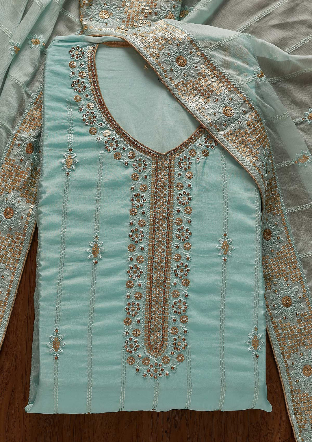 Sky Blue Threadwork Semi Crepe Designer Unstitched Salwar Suit - koskii