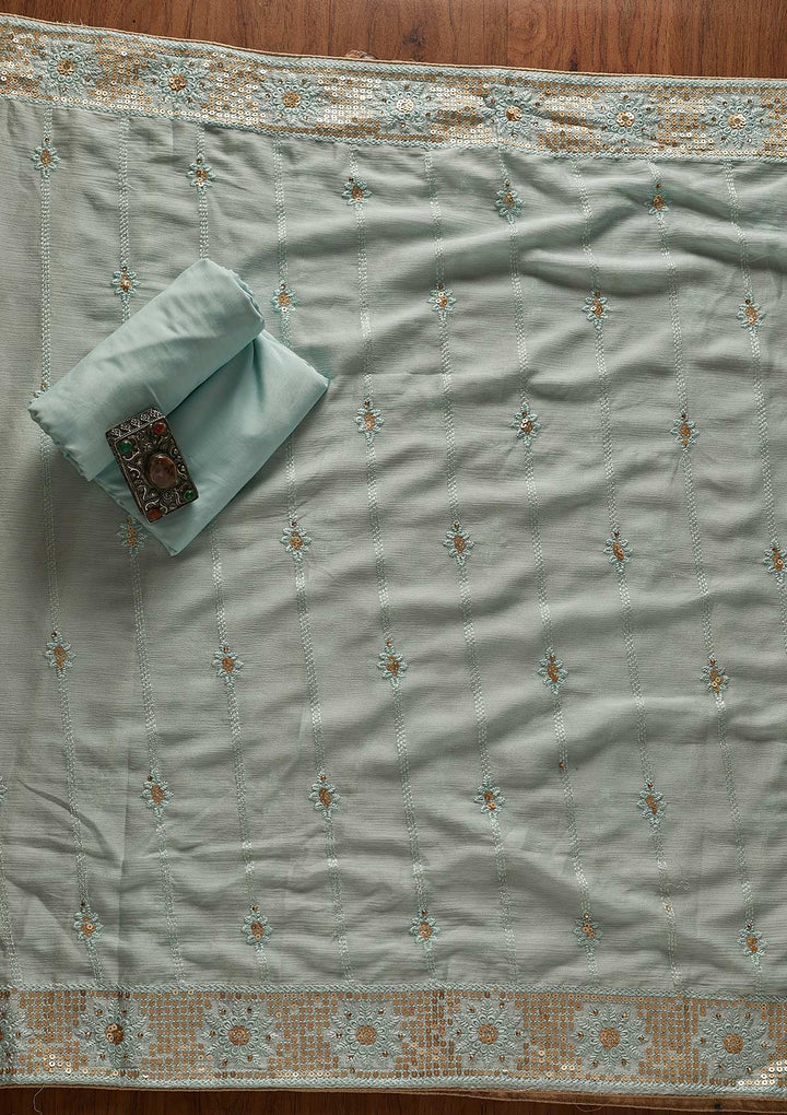 Sky Blue Threadwork Semi Crepe Designer Unstitched Salwar Suit - koskii