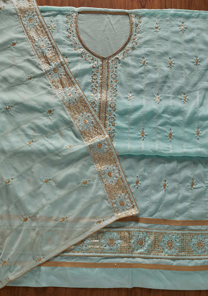 Sky Blue Threadwork Semi Crepe Designer Unstitched Salwar Suit - koskii