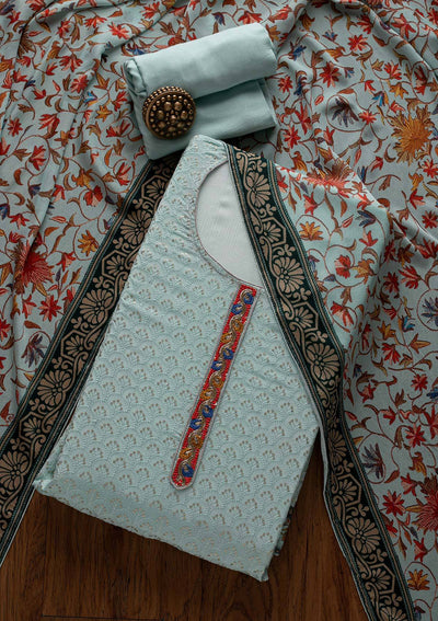 Sky Blue Threadwork Semi Crepe Designer Unstitched Salwar Suit - Koskii