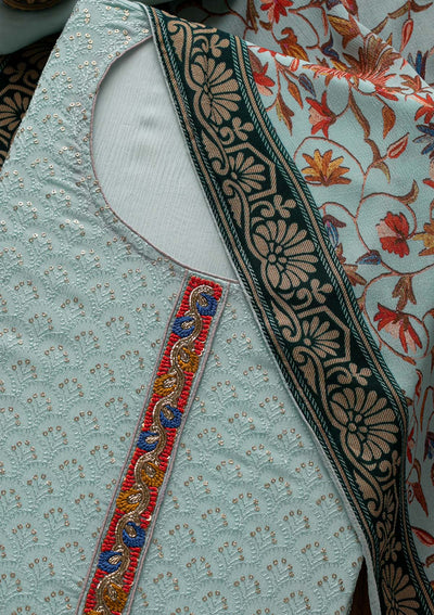 Sky Blue Threadwork Semi Crepe Designer Unstitched Salwar Suit - Koskii