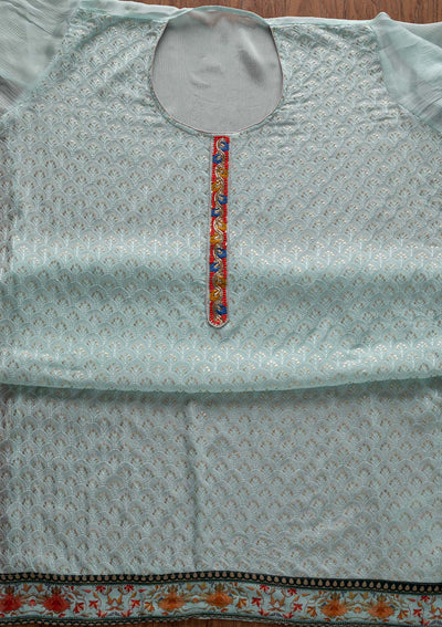 Sky Blue Threadwork Semi Crepe Designer Unstitched Salwar Suit - Koskii