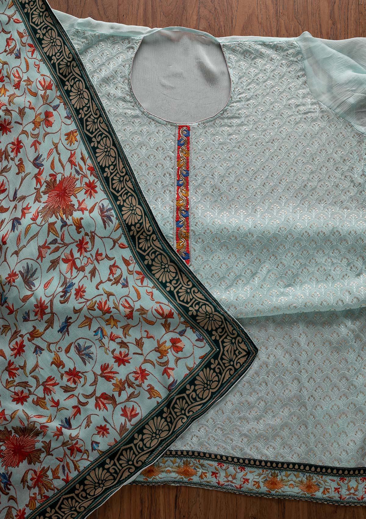 Sky Blue Threadwork Semi Crepe Designer Unstitched Salwar Suit - Koskii