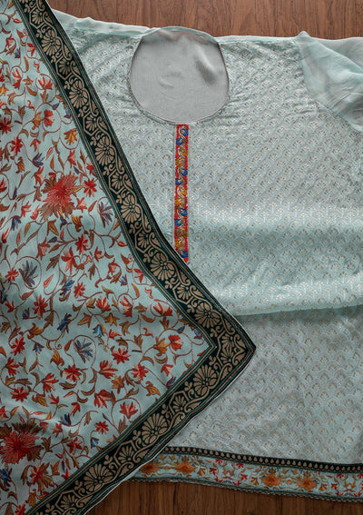 Sky Blue Threadwork Semi Crepe Designer Unstitched Salwar Suit - Koskii