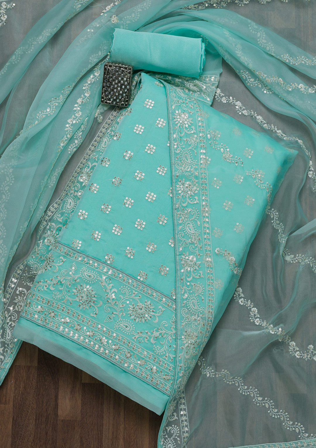 Sky Blue Threadwork Tissue Unstitched Salwar Suit-Koskii