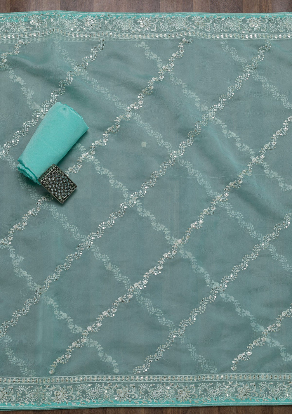 Sky Blue Threadwork Tissue Unstitched Salwar Suit-Koskii