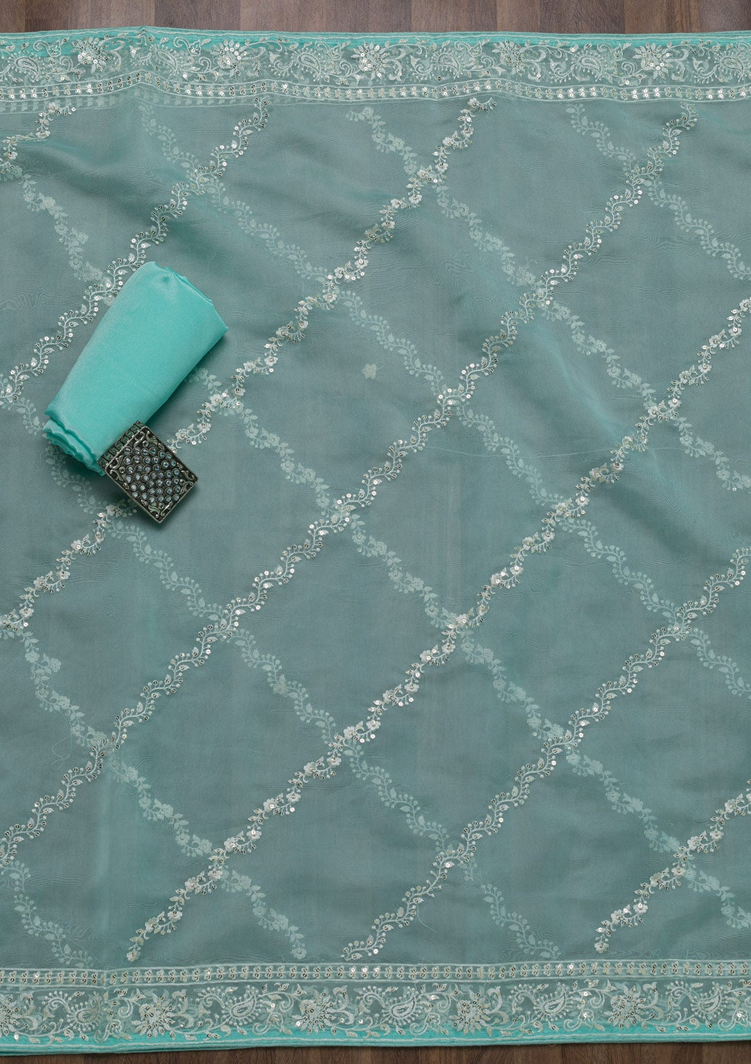Sky Blue Threadwork Tissue Unstitched Salwar Suit-Koskii