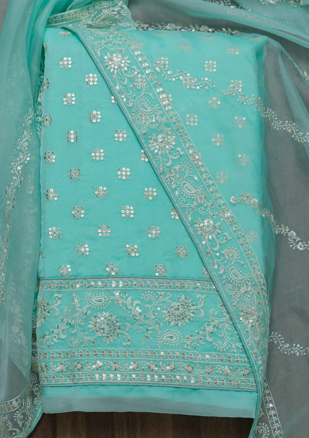 Sky Blue Threadwork Tissue Unstitched Salwar Suit-Koskii