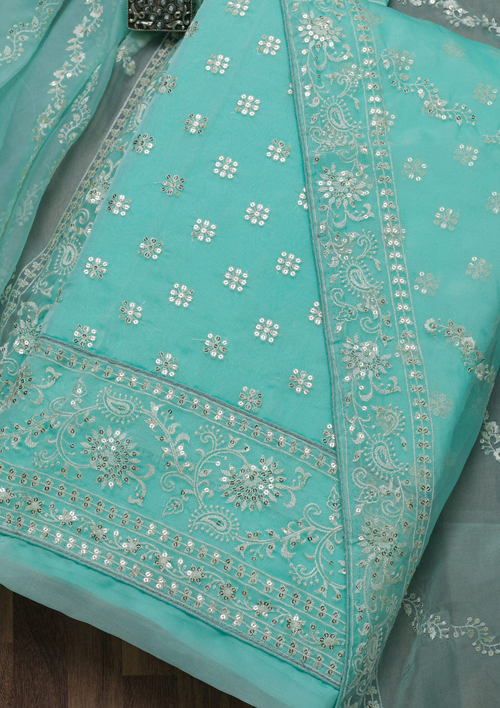 Sky Blue Threadwork Tissue Unstitched Salwar Suit-Koskii