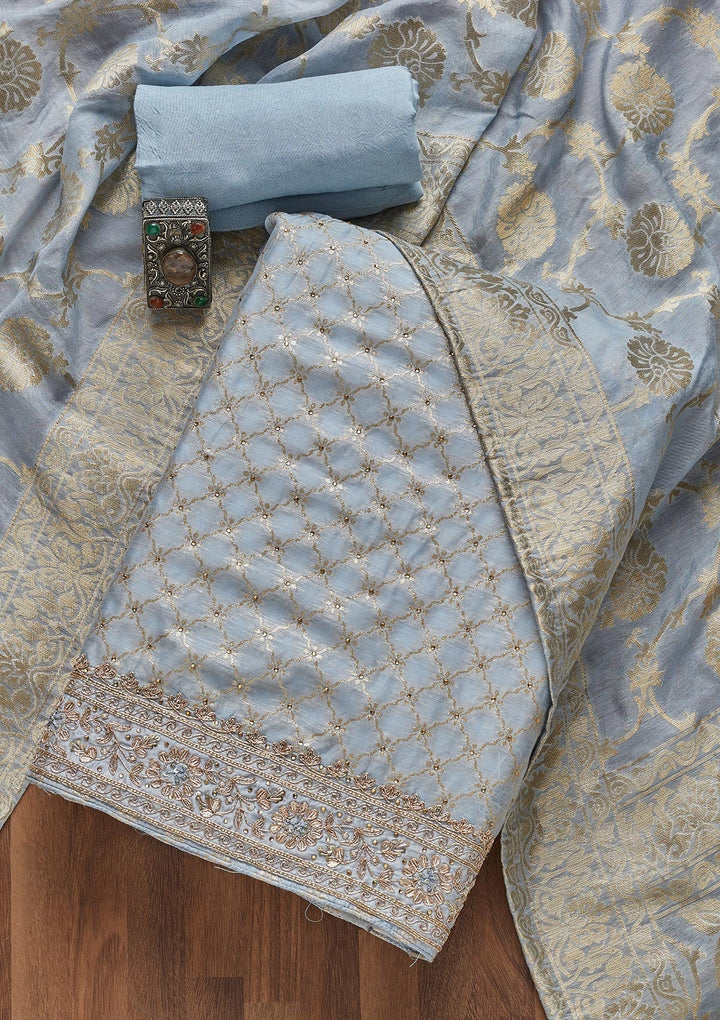 Sky Blue Zariwork Brocade Unstitched Salwar Suit- Koskii
