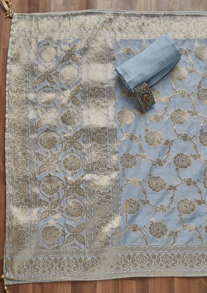 Sky Blue Zariwork Brocade Unstitched Salwar Suit - Koskii