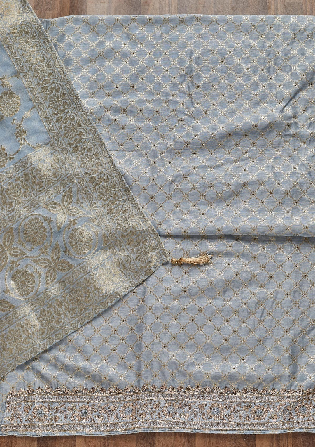 Sky Blue Zariwork Brocade Unstitched Salwar Suit - Koskii