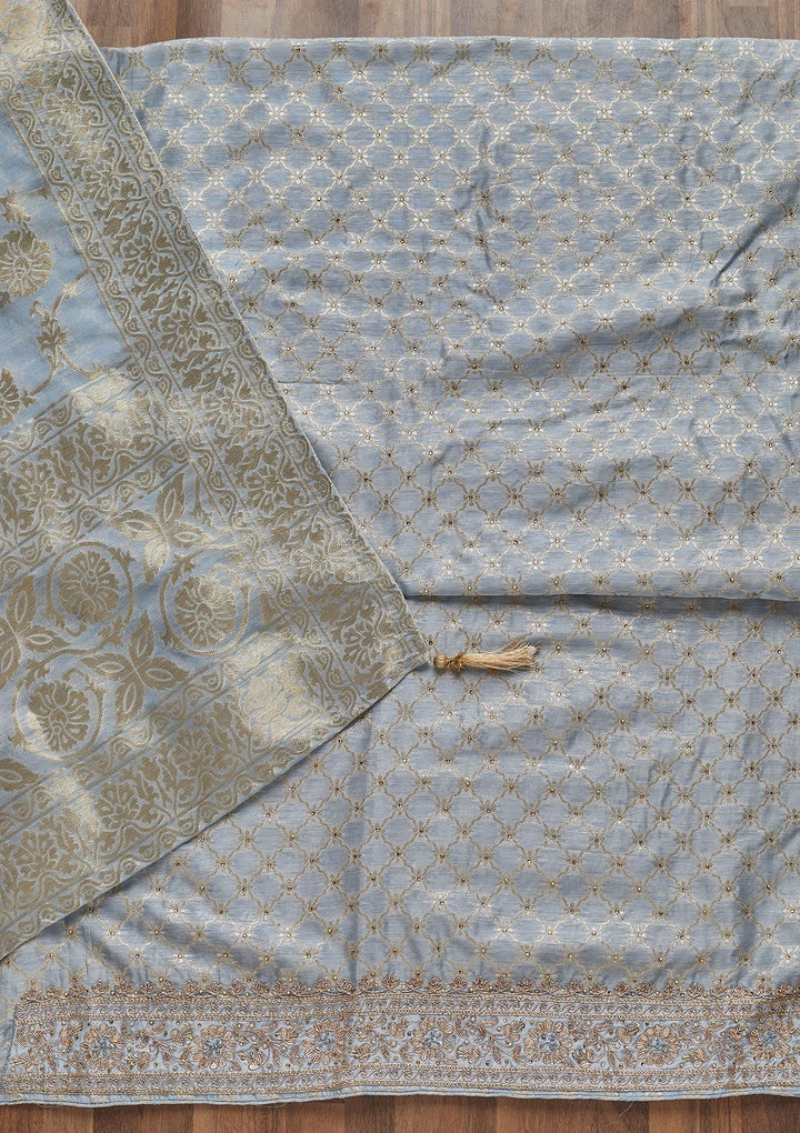Sky Blue Zariwork Brocade Unstitched Salwar Suit - Koskii
