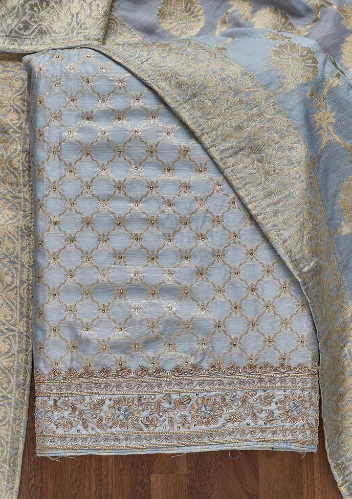 Sky Blue Zariwork Brocade Unstitched Salwar Suit - Koskii