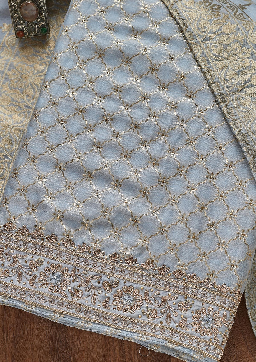 Sky Blue Zariwork Brocade Unstitched Salwar Suit - Koskii