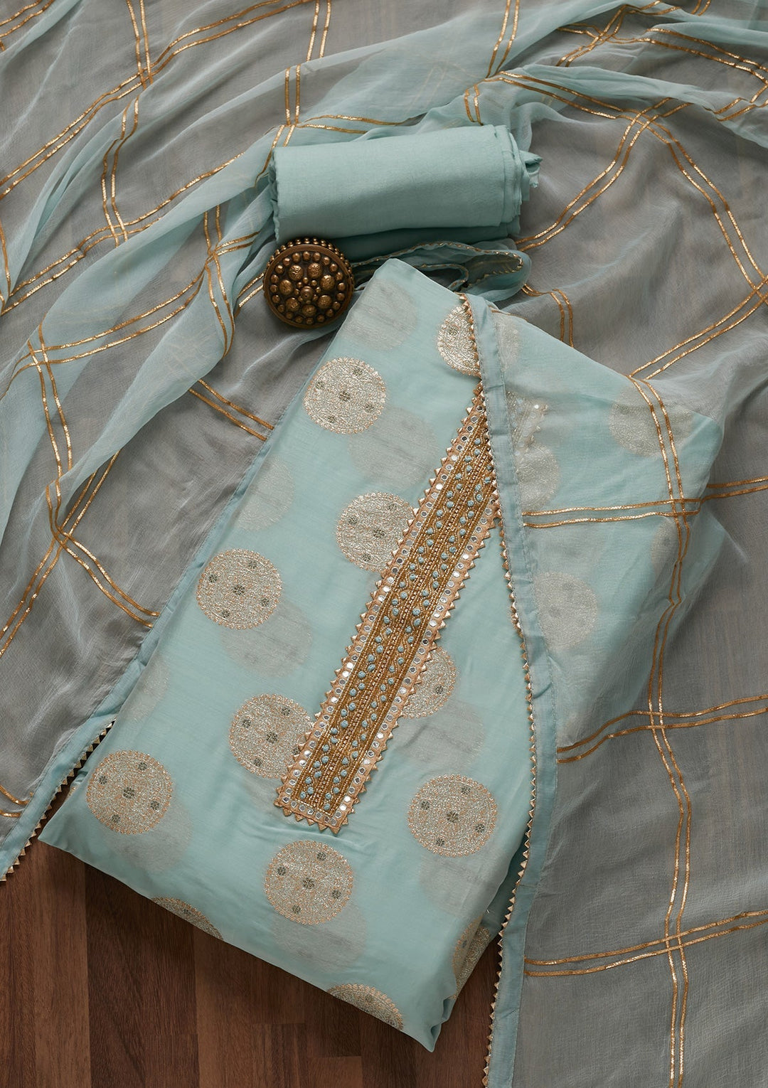 Sky Blue Zariwork Chanderi Unstitched Salwar Suit- Koskii