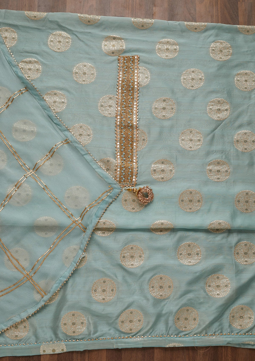 Sky Blue Zariwork Chanderi Unstitched Salwar Suit - Koskii