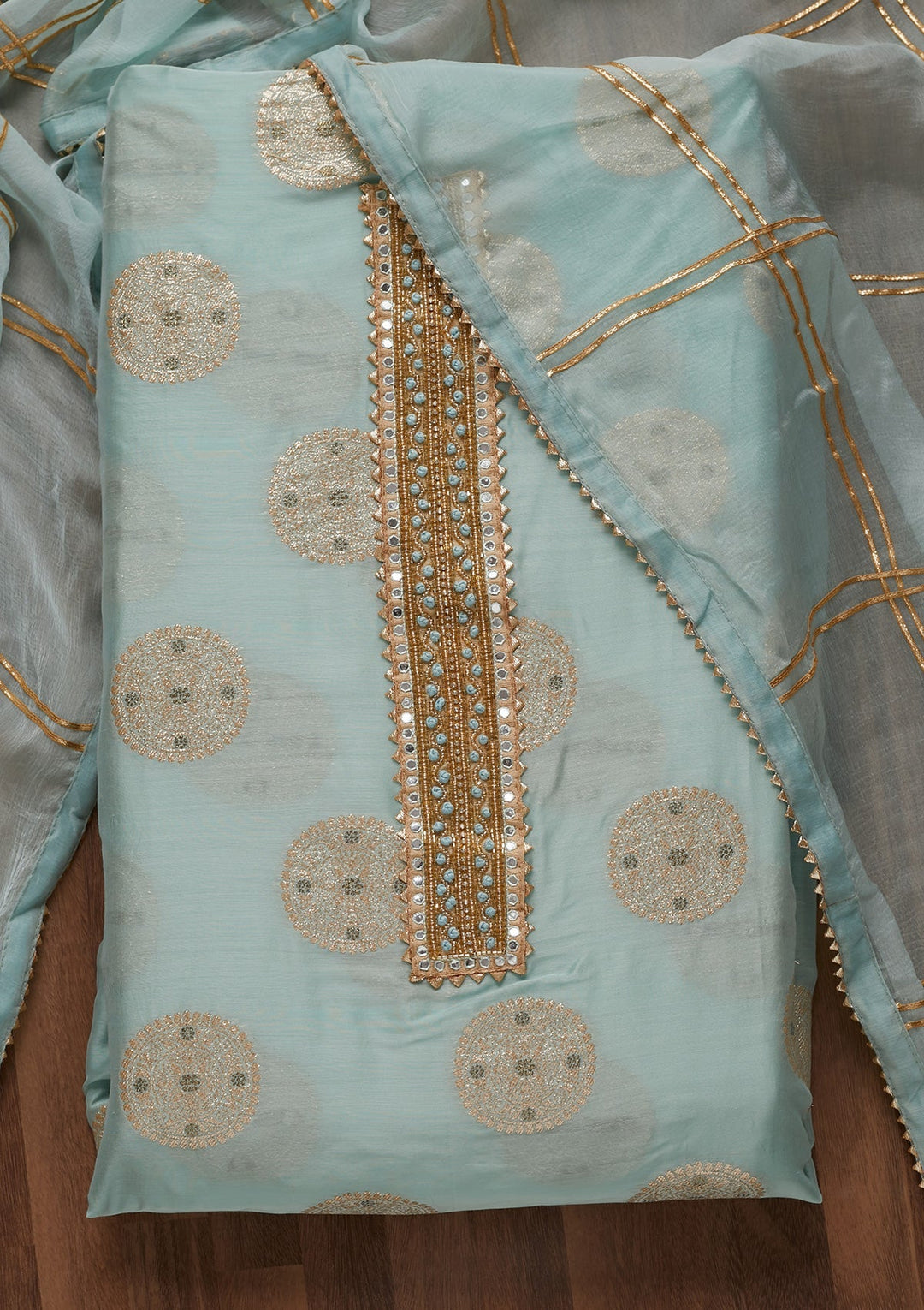 Sky Blue Zariwork Chanderi Unstitched Salwar Suit - Koskii