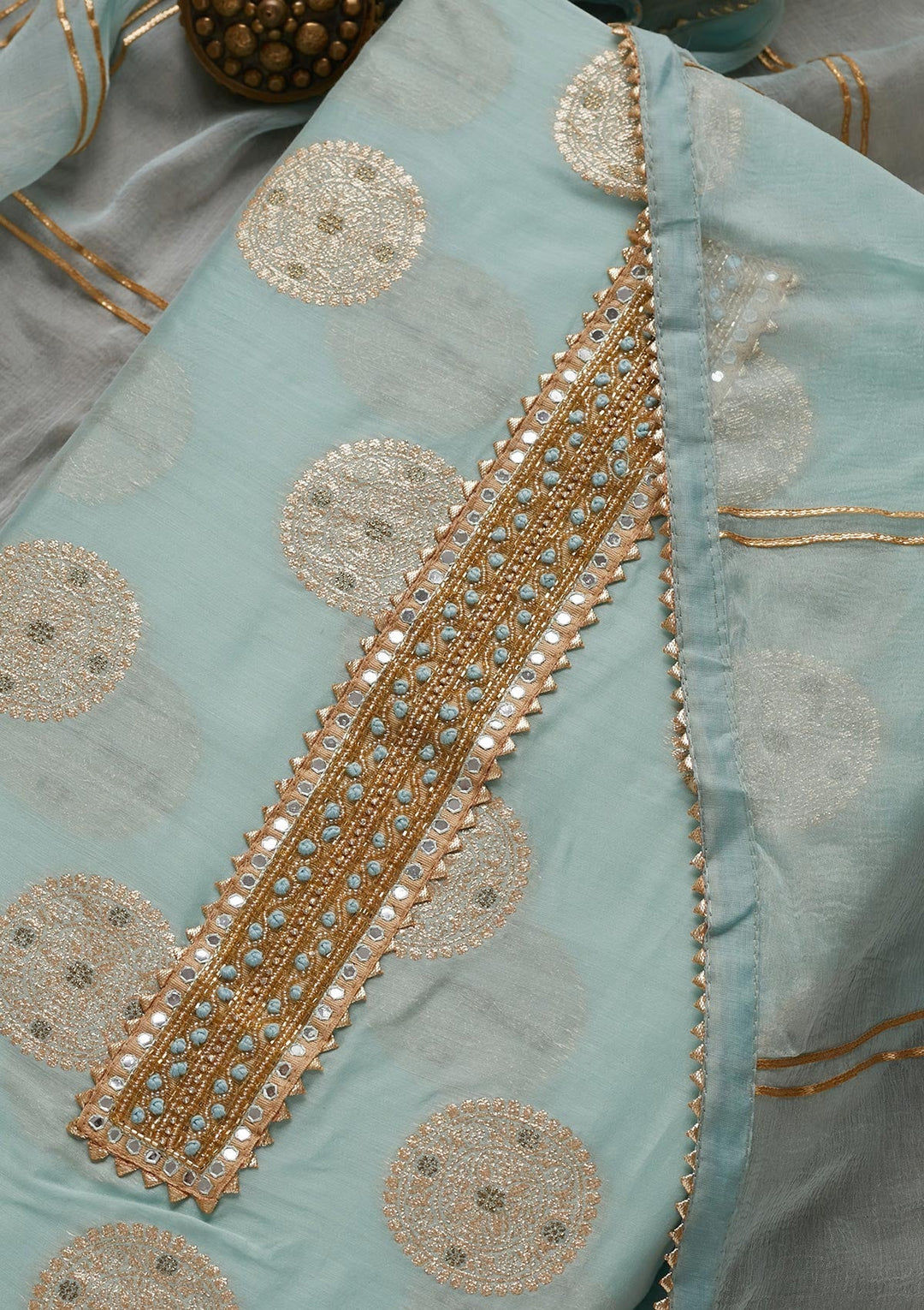 Sky Blue Zariwork Chanderi Unstitched Salwar Suit - Koskii