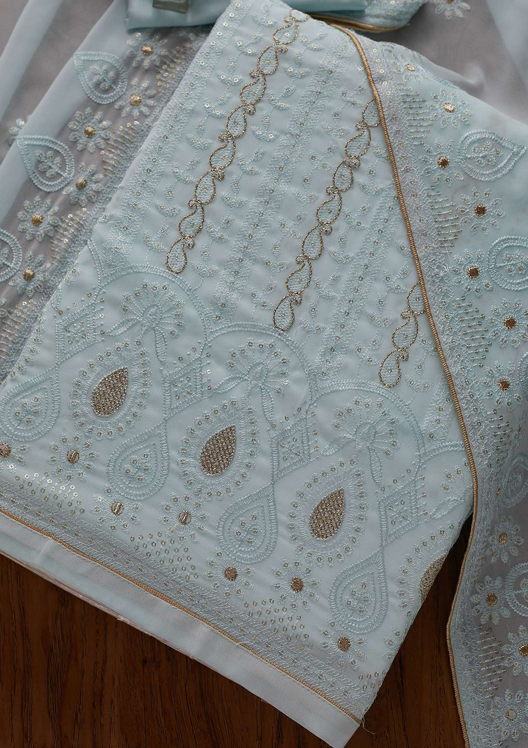 Sky Blue Zariwork Chiffon Designer Unstitched Salwar Suit - Koskii