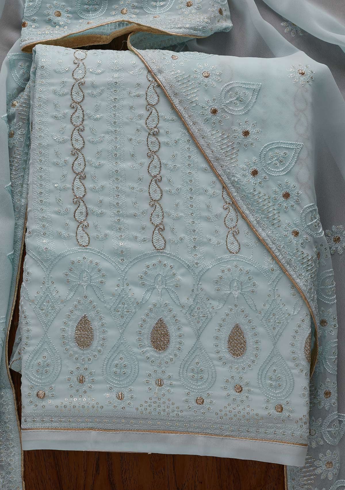 Sky Blue Zariwork Chiffon Designer Unstitched Salwar Suit - Koskii