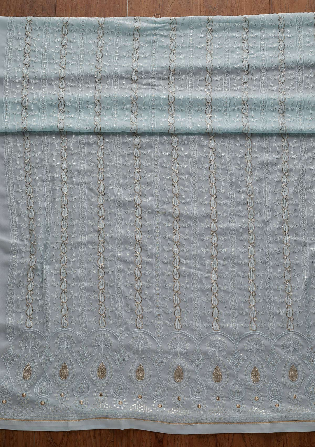 Sky Blue Zariwork Chiffon Designer Unstitched Salwar Suit - Koskii