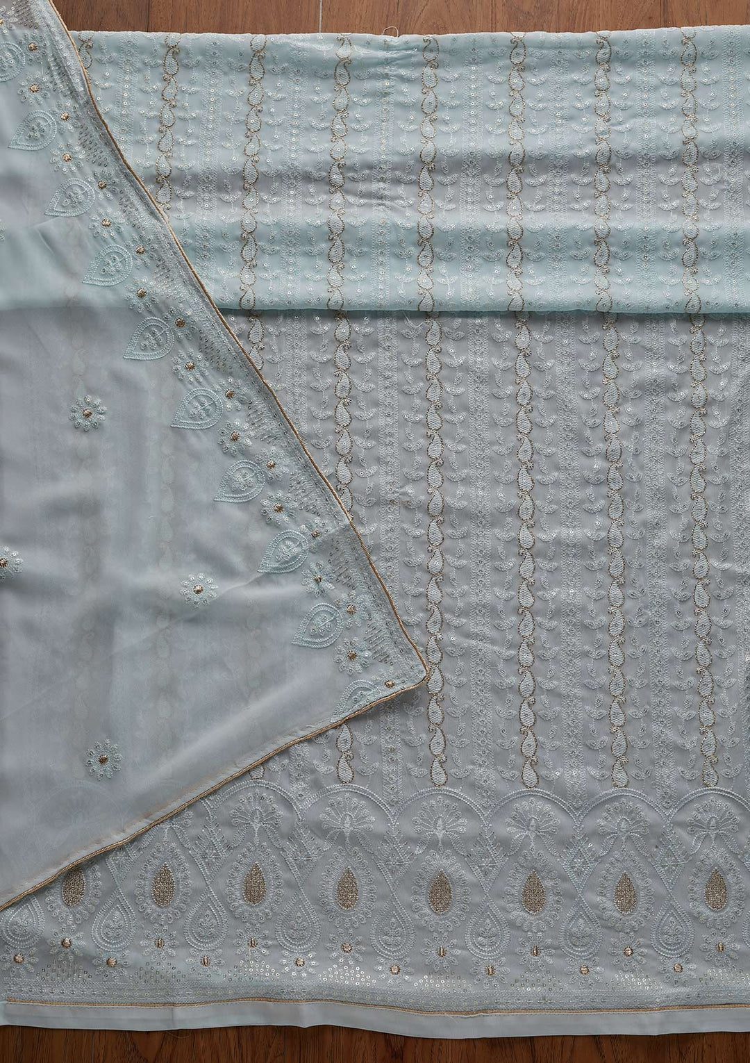 Sky Blue Zariwork Chiffon Designer Unstitched Salwar Suit - Koskii