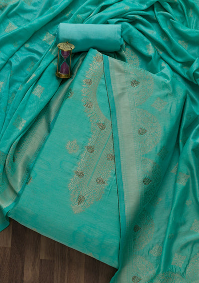 Sky Blue Zariwork Cotton Unstitched Salwar Suit-Koskii