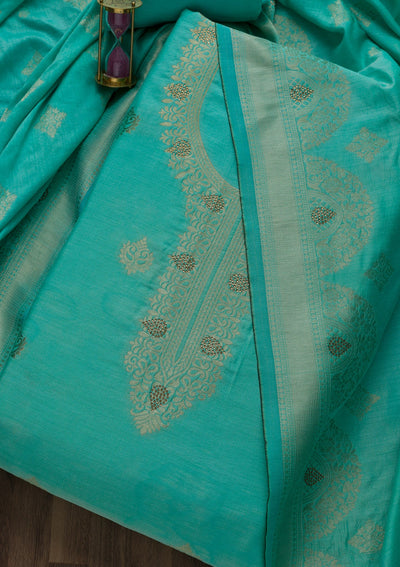 Sky Blue Zariwork Cotton Unstitched Salwar Suit-Koskii