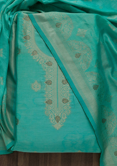 Sky Blue Zariwork Cotton Unstitched Salwar Suit-Koskii