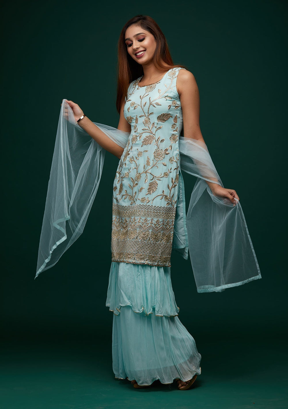 Sky Blue Zariwork Georgette Designer Salwar Suit - Koskii